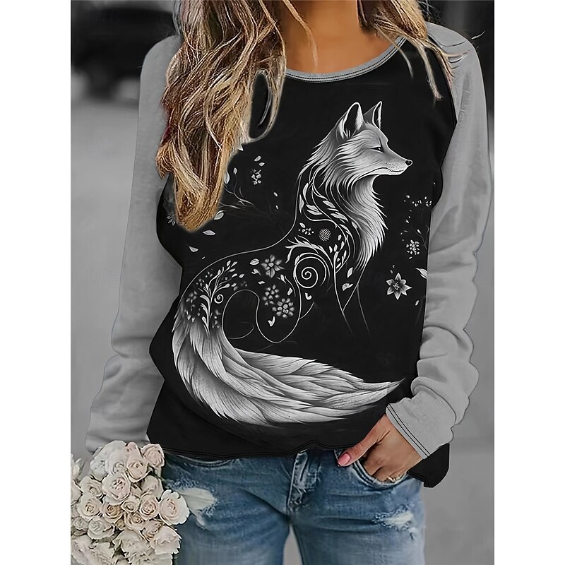 Women's T Shirt Casual Print Long Sleeve Long Tops Crew Neck Daily Red Gray Spring &  Fall4