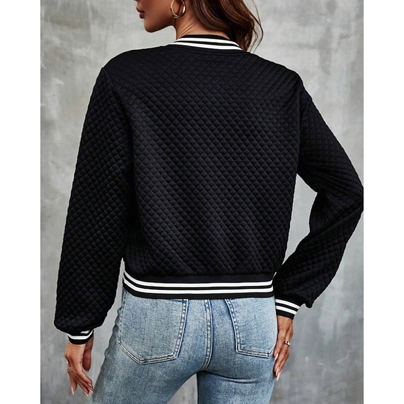 Women's Casual Jacket Textured Jackets Outdoor Zipper Color Block Comfortable Fashion Loose Fit Outerwear Long Sleeve Fall Black S4