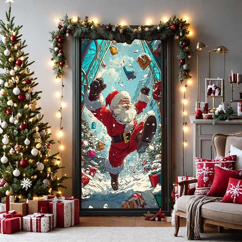 Christmas Door Decorations Door Covers Santa Gifts Door Tapestry Door Curtain Decoration Backdrop Door Banner for Front Door Farmhouse Holiday Party Decor Supplies Indoor/Outdoor3