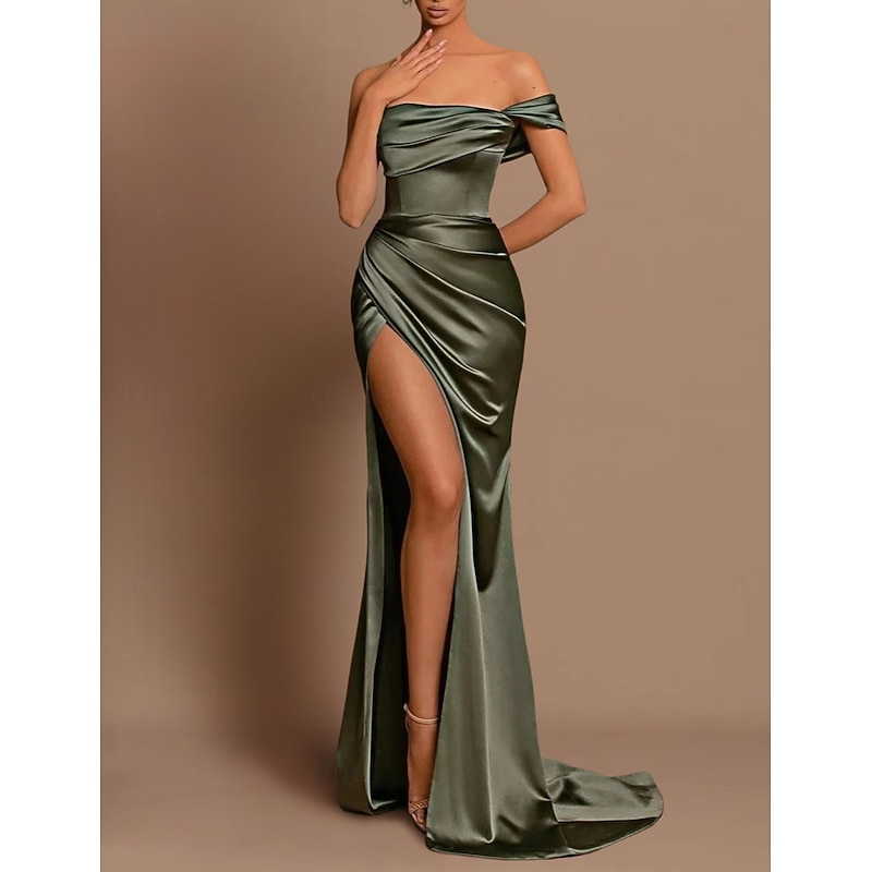 Beach Wedding Mermaid Evening Gown Sexy Dress Wedding Guest Holiday Court Train Sleeveless Off Shoulder Bridesmaid Dress Satin with Ruched Slit Masquerade Dress
