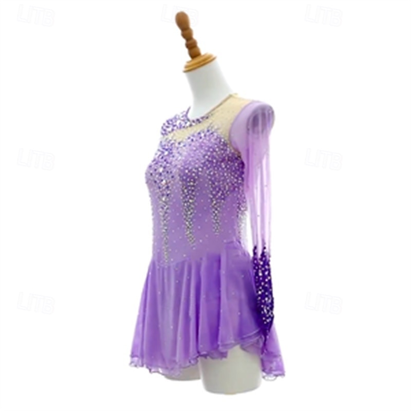 Figure Skating Dress Women's Girls' Ice Skating Dress Pink Purple Patchwork Mesh High Elasticity Training Competition Skating Wear Classic Crystal / Rhinestone Long Sleeve Ice Skating Figure Skating4