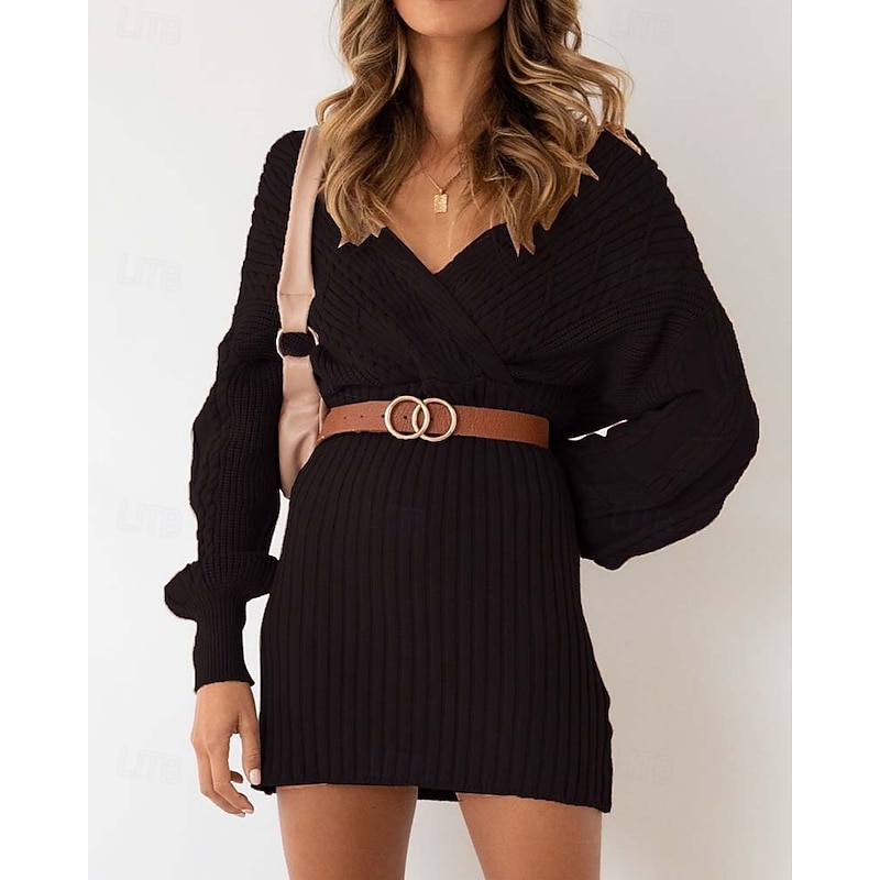 Women's Sweater Dress Daily Stylish Solid Color V Neck V Neck Bishop Sleeves Long Sleeve Regular Tops Knit Formal Outdoor Black Red Fall Winter