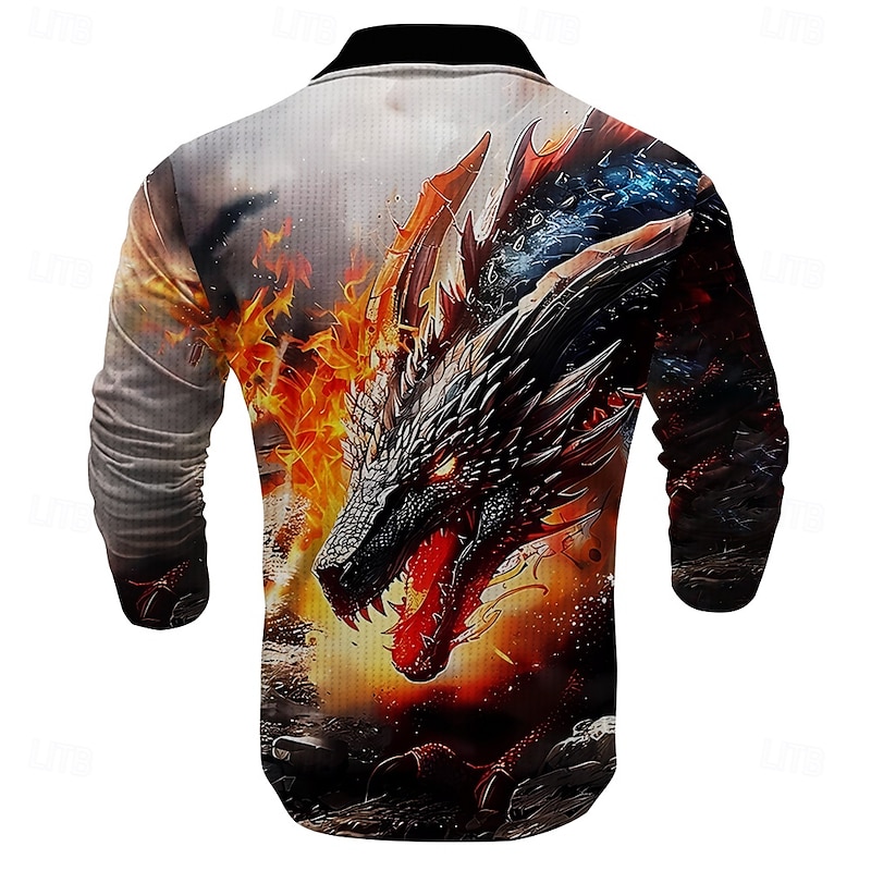 Men's Dragon Waffle Polo Shirts Golf Shirt Long Sleeve Polo Shirts Collared Shirts Casual Funny Streetwear Vacation Wear Party Outfits Buttons 3D Print Spring Fall Winter Golden yellow Red Blue2