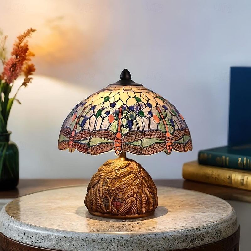 Dragonfly Table Lamp, Resin Handcrafted Night Light, Simulated Stained Glass Table Lamp - Main Image