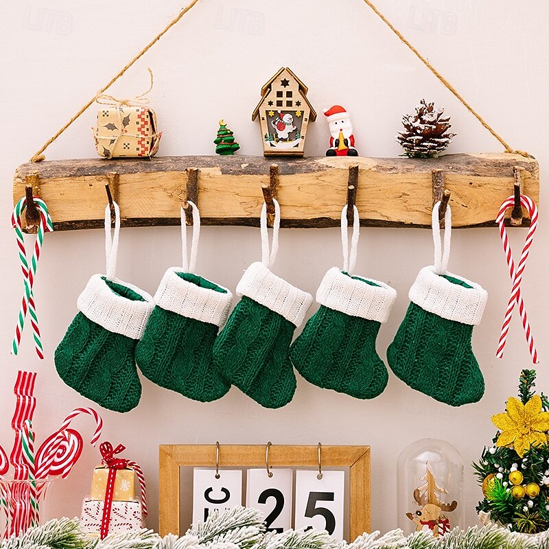 1PC Christmas Green Knitted Mini Stocking Ornaments, Xmas Party Small Christmas Tree Hanging Socks