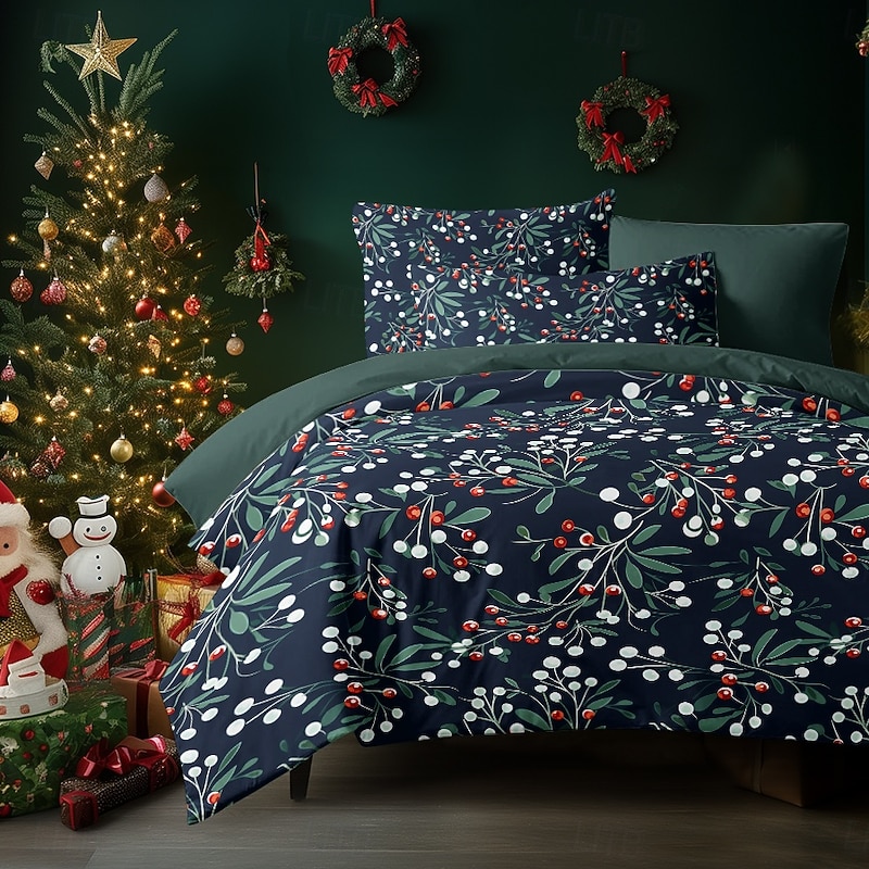 Christmas Duvet Cover Set Queen King Size  Mistletoe Design 100% Cotton Festive Holiday Bedding Soft and Cozy Includes Duvet Cover and Pillowcases for Seasonal Bedroom Xmas Decor