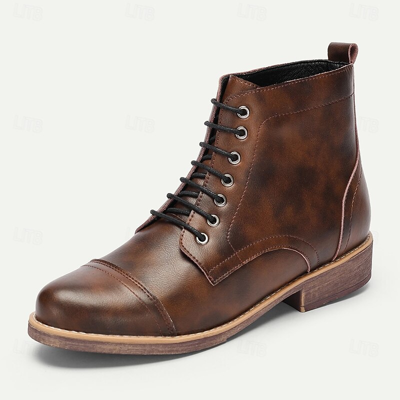 Men's Vintage Faux Leather Lace-Up Ankle Boots – Classic Cap-Toe Design, Sturdy Sole, Perfect for Casual or Formal Occasions3