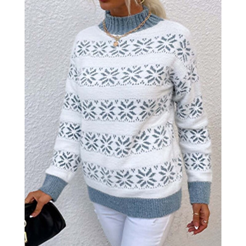 Women's Knitted Snowflake Sweater High Neck Long Sleeve Ribbed Texture White Light Blue Winter Festive Holiday Regular Fit Clothing Apparel2