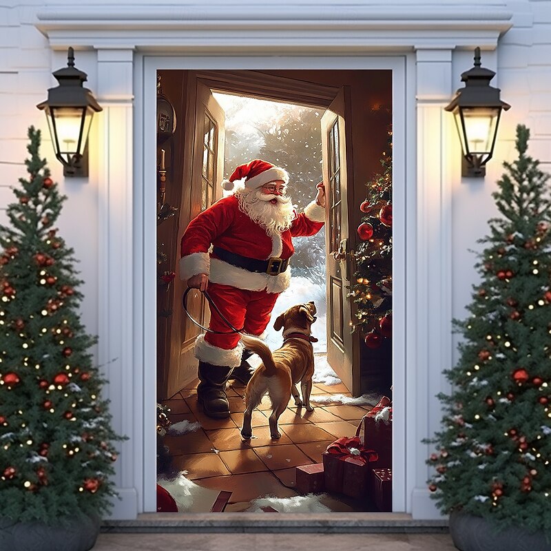 Christmas Door Decorations Door Covers Xmas Santa Cycling Door Tapestry Door Curtain Decoration Backdrop Indoor/Outdoor Door Banner for Front Door Farmhouse Christmas Holiday Party Decor Supplies