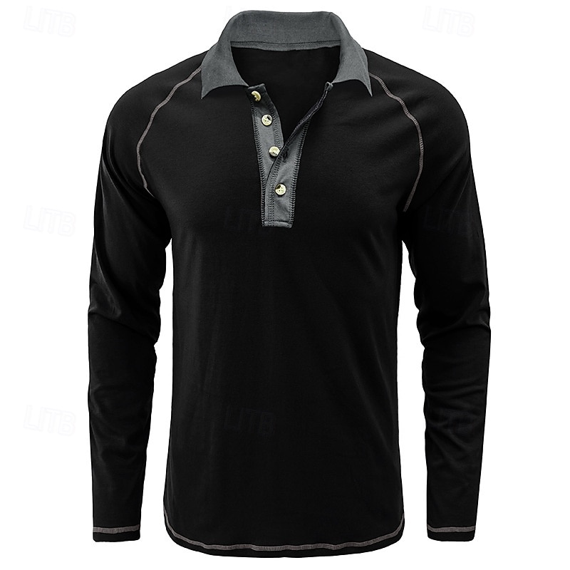 Men's Polo Shirt Golf Shirt Casual Lapel Long Sleeve Fashion Basic Solid Color Button Vintage Style Spring &  Fall Regular Fit Dark Brown Black White Burgundy Navy Blue Light Grey Polo Shirt2
