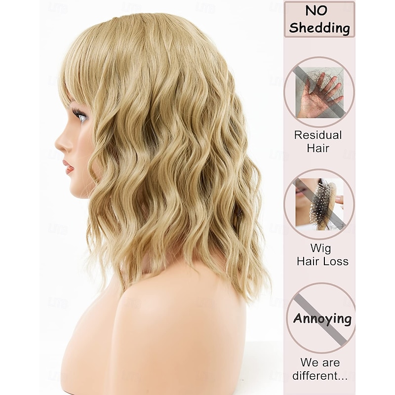 Blonde Wig Short Bob Blonde Wig with Bangs Wavy Curly Bob Wigs for White Women Heat Resistant Synthetic Colored Cosplay Wig3