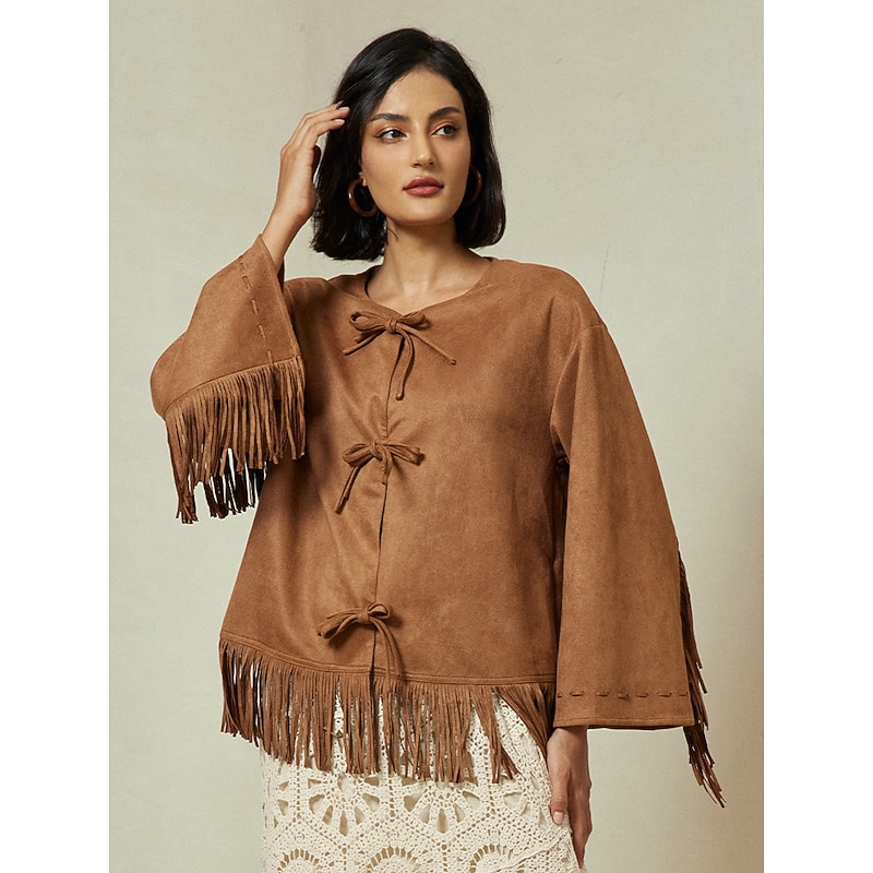 Suede Fringed Flare Cuff Sleeve Jacket