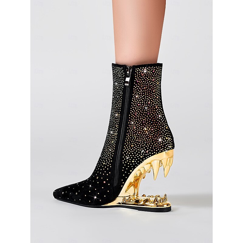 Women's Black Skull Ankle Boots with Rhinestone Embellishments and Gold Cut-Out Heels – Bold Statement Heels for Gothic Fashion and Parties3