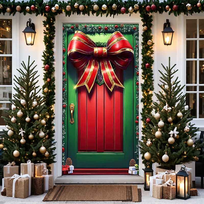 Christmas Door Decorations Door Covers Xmas Bow Tie Door Tapestry Door Curtain Decoration Backdrop Door Banner for Front Door Farmhouse Christmas Holiday Party Decor Supplies Ornaments Indoor/Outdoor4