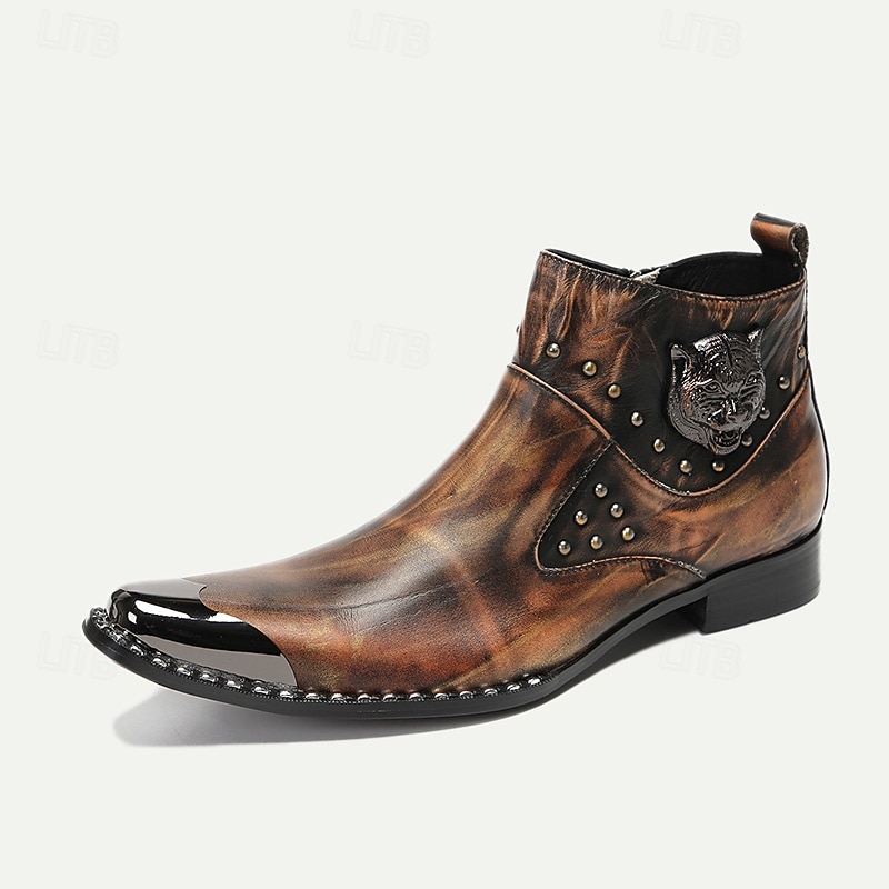 Men's Premium Cowhide Leather Motorcycle Boots with Gold Tip Studded Design, Brown Gradient Finish, and Metallic Detailing–Perfect for Biker Style and Casual Outfits2