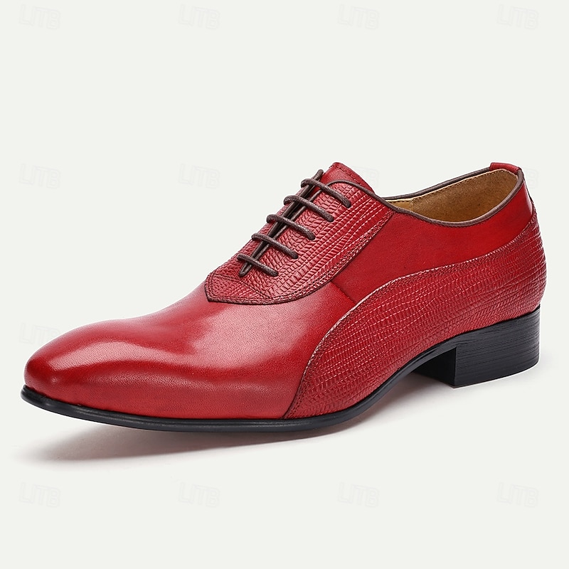 Men's Red Premium Cowhide Oxford Shoes - Classic Lace-Up Formal Leather Dress Shoes with Textured Details for Christmas,Special Occasions2