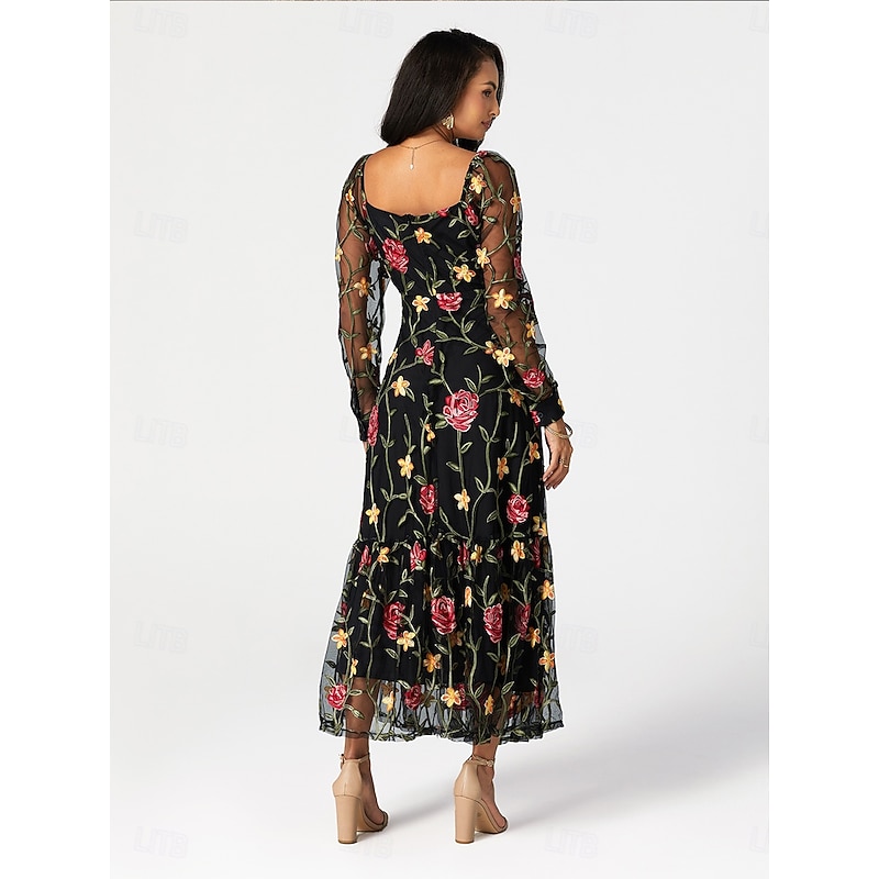 Women's Maxi Dress Black Dress Elegant Puff Sleeve Vacation Loose Fit Floral Long Sleeve Square Neck Black Summer3