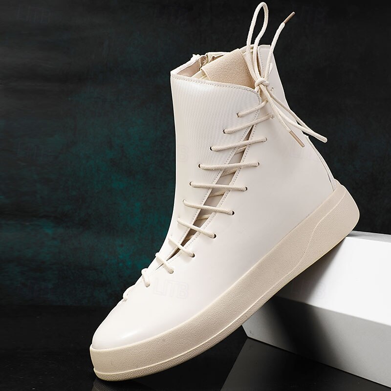 Men's Red Faux Leather High-Top Boots with Side Zipper and Lace-Up Design – Stylish Casual Footwear for Fall and Winter 13