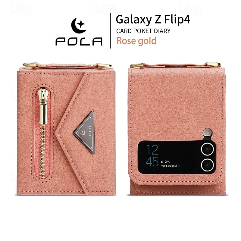 Phone Case For Z Flip 6 Z Flip 5 Z Flip 4 Z Flip 3 Back Cover with Stand Holder Zipper with Lanyard Retro TPU PU Leather3