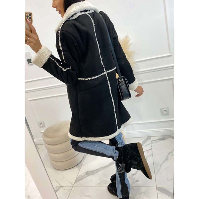 Women's Winter Coat Windproof Warm Patchwork Buttons Elegant Outdoor Solid Color Work Casual Double Breasted Turndown Loose Fit Long Sleeve Outerwear Black Brown Fall Winter4