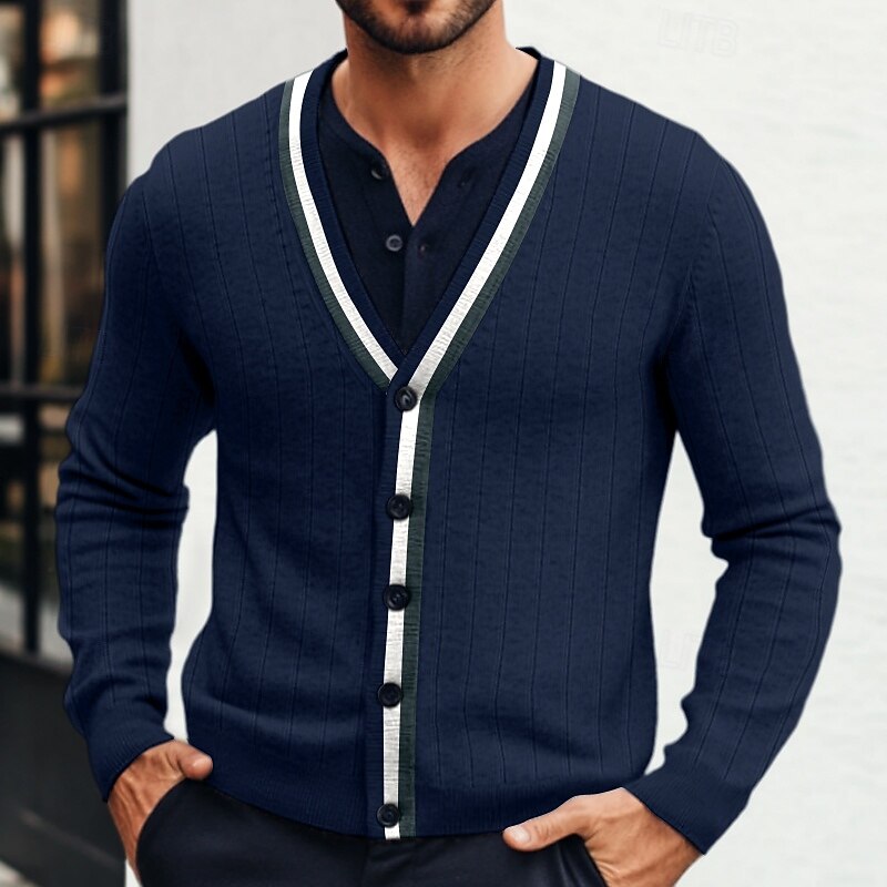 Men's Cardigan Ribbed Knit Regular Color Block Ribbed Solid Color V Neck Knitwear Elegant Home Work Clothing Apparel Bishop Sleeve Spring Fall Navy Blue khaki S M L2