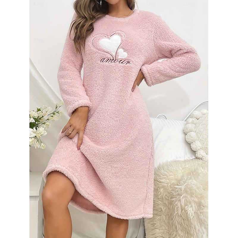 Women's Loungewear Nightgown Heart Casual Comfort Home Sherpa Fleece Comfort Dress Embroidered Embroidery Fall Winter Home Outfits
