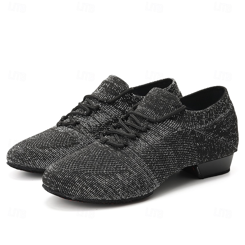 Women's Black Glitter Knit Jazz Dance Shoes with Lace-Up Design and Suede Sole - Lightweight Breathable Performance Shoes for Ballroom and Latin Dancing