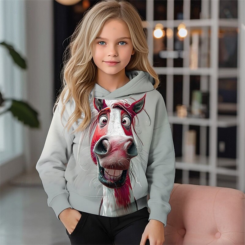 Girls' 3D Graphic Animal Horse Hoodie Long Sleeve Fall Winter Fashion Adorable Basic Kids 4-12 Years Hooded Outdoor Casual Daily Regular Fit3
