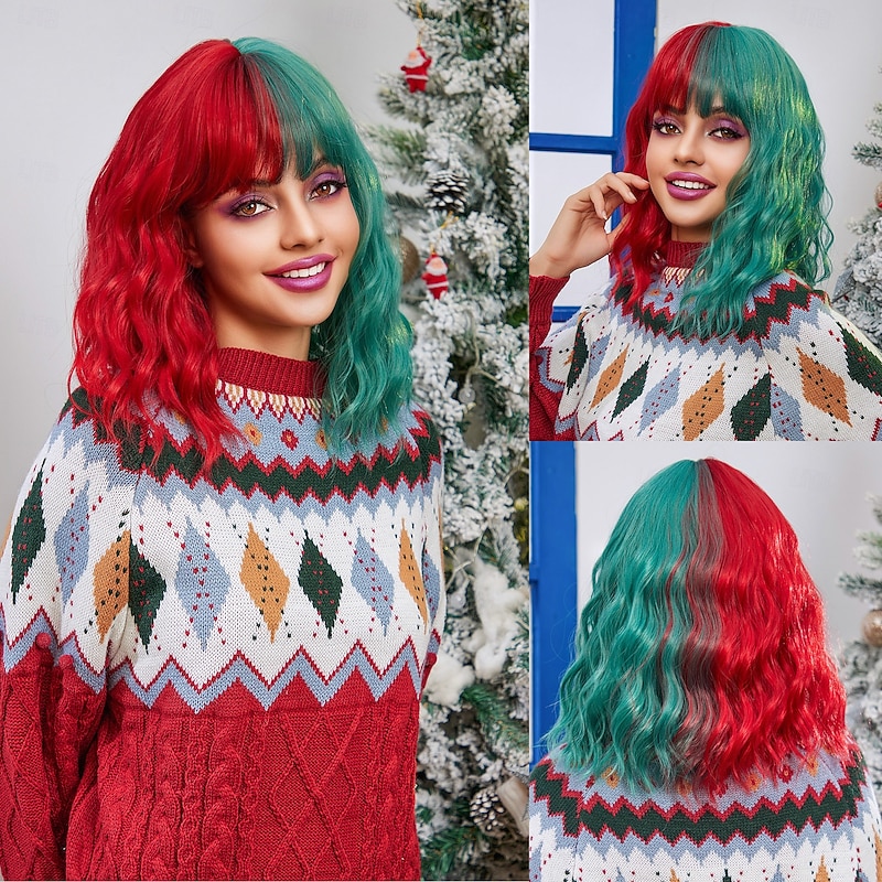 Synthetic Wig Uniforms Career Costumes Princess Curly Wavy Middle Part Layered Haircut Machine Made Wig 14 inch Rose / Green Synthetic Hair Women's Cosplay Party Fashion Mixed Color