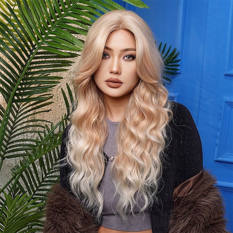 Synthetic Wig Uniforms Career Costumes Princess Curly Wavy Middle Part Layered Haircut Machine Made Wig 26 inch Gold Pink Synthetic Hair Women's Cosplay Party Fashion Pink4