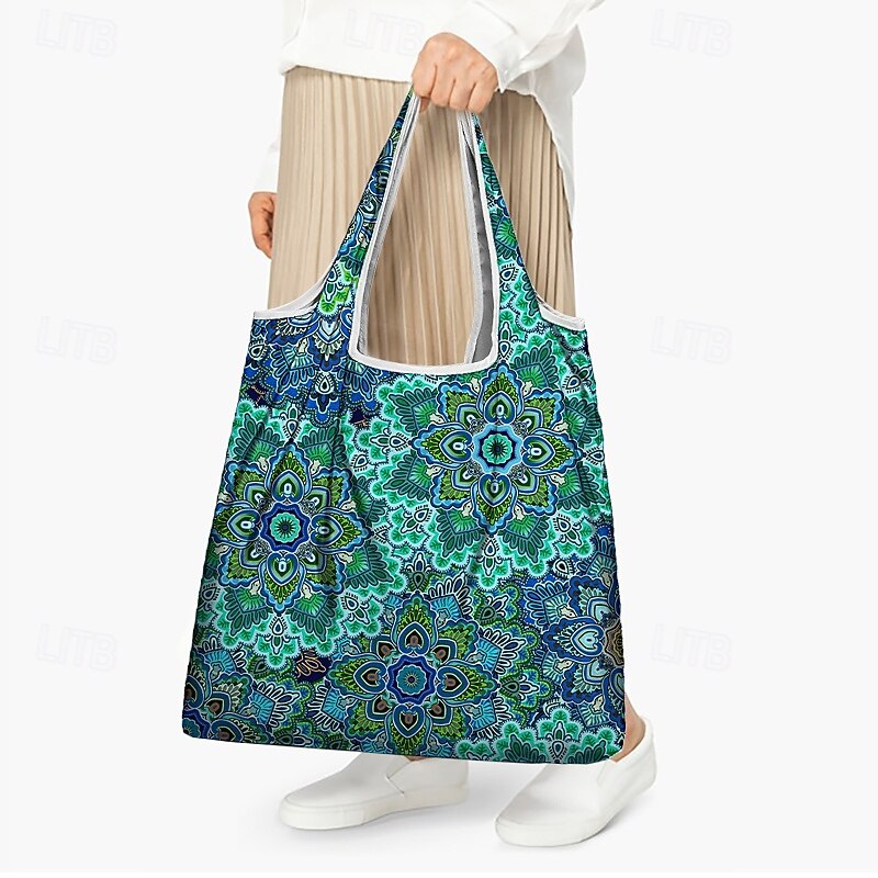 Women's Bohemian Floral Tote Bag, Reusable Foldable Shopping Bag with Colorful Mandala Design, Perfect for Beach, Groceries, and Everyday Use2