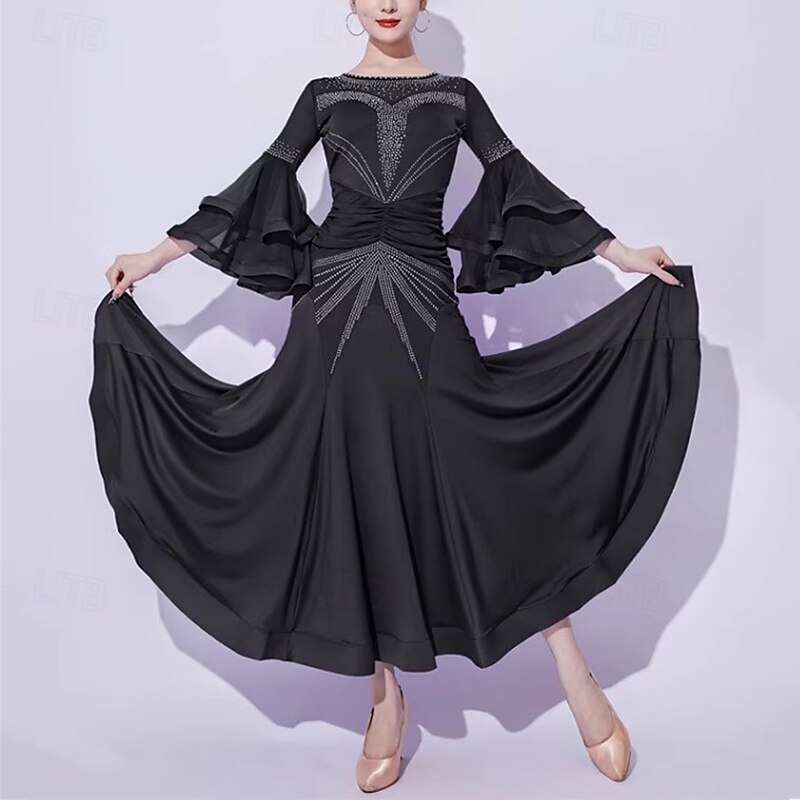 Ballroom Dance Dress Rhinestone Splicing Women's Performance Party Long Sleeve Mesh Milk Fiber