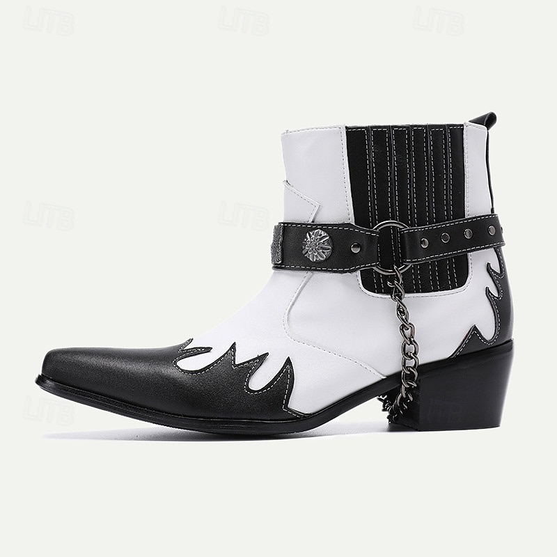 Men's Premium Cowhide Black and White Motorcycle Boots with Studded Strap, Chain Detail, and Western Style – Perfect for Riding and Casual Wear3