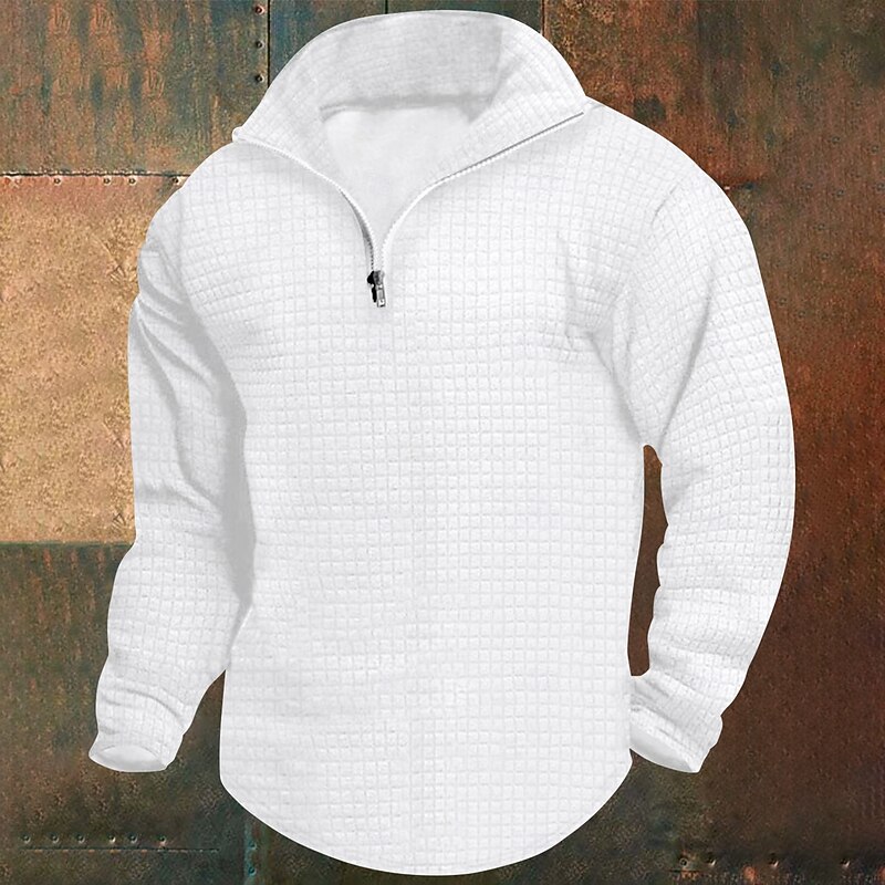 Men's Sweatshirt Waffle Sweatshirt Quarter Zip Sweatshirt Black White Wine Army Green Khaki Half Zip Plain Ribbed Quarter Zip Textured Christmas Daily Holiday non-printing Polyester Streetwear Casual3