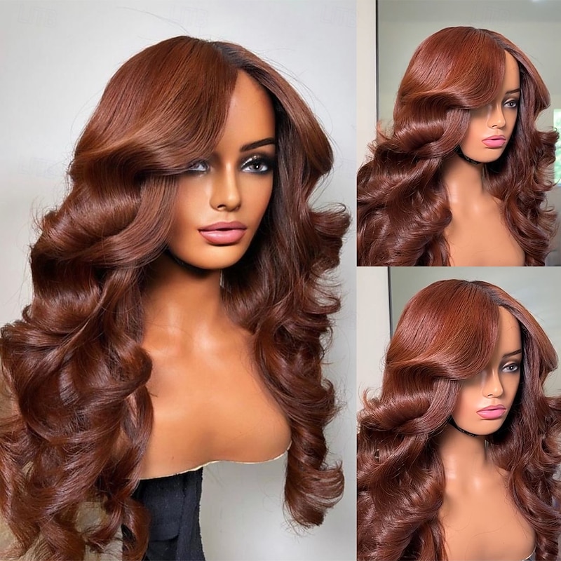 Remy Human Hair 13x4 Lace Front Wig Middle Part Brazilian Hair Loose Wave Brown Wig 130% 150% Density 100% Virgin Glueless Pre-Plucked For Women Long Human Hair Lace Wig