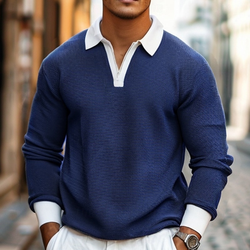 Men's Waffle Polo Shirts Quarter Zip Polo Outdoor Causal Quarter Zip Long Sleeve Fashion Modern Solid Color Knitted Spring &  Fall Standard Fit Navy Blue Dark Green Orange Light Grey Waffle Polo2