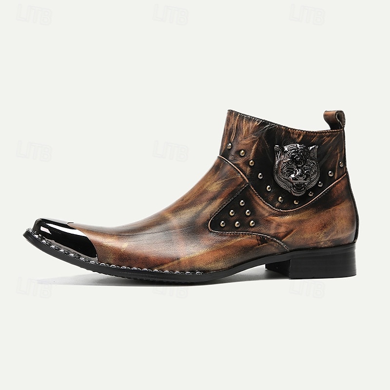 Men's Premium Cowhide Leather Motorcycle Boots with Gold Tip Studded Design, Brown Gradient Finish, and Metallic Detailing–Perfect for Biker Style and Casual Outfits3
