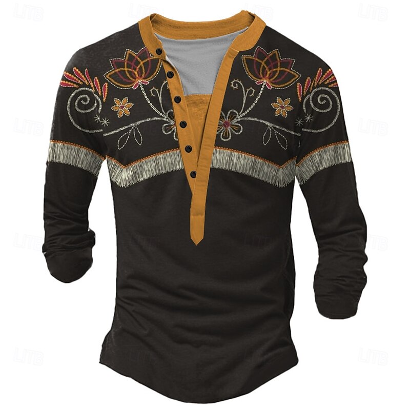 Men's Floral Henley Shirt Long Sleeve 3D Printing Ethnic Tribal Casual Holiday Winter Spring &  Fall Black Henley Henley T-Shirt