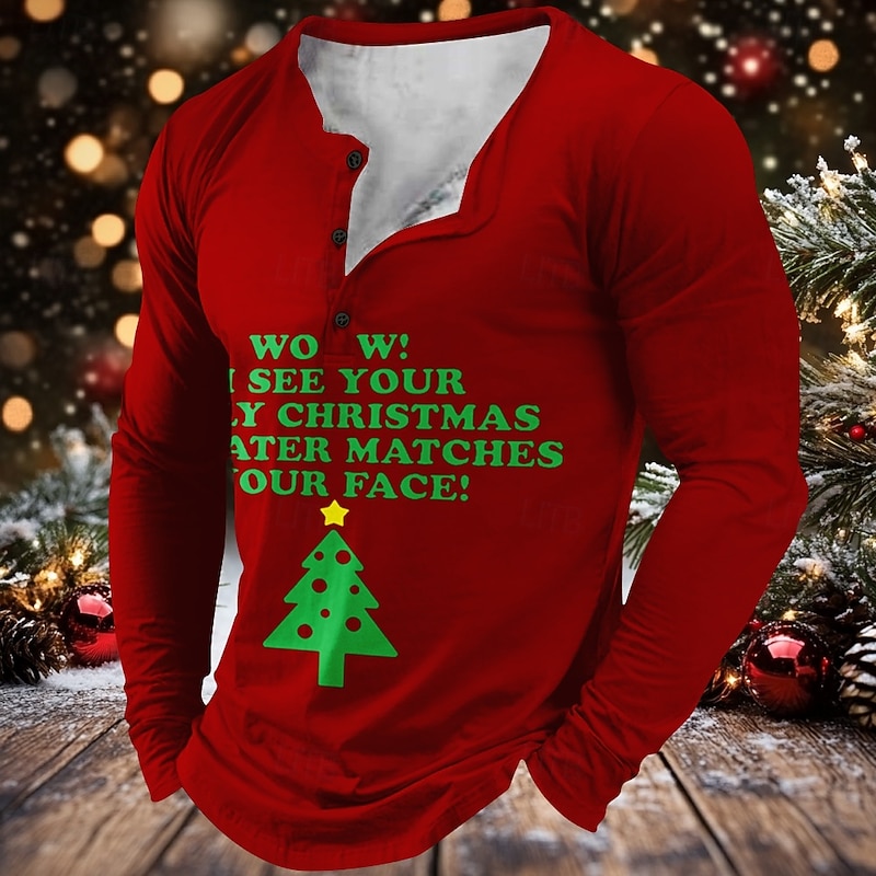Christmas Men's Funny Christmas Henley T Shirt Tree Tree Letter Trees Letters Sports Fashion Daily 3D Printing Henley Long Sleeve Street Casual Daily Black Red Purple Long Sleeve Henley Collar Button