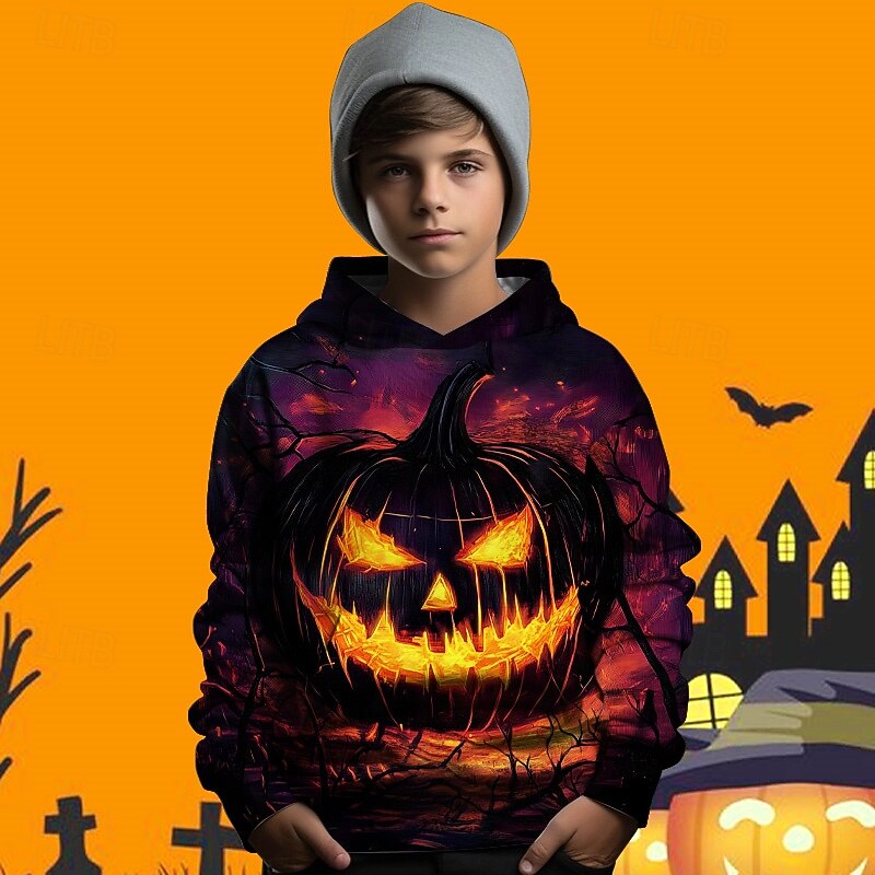 Halloween Boys 3D Graphic Pumpkin Hoodie Long Sleeve Spring Fall Fashion Streetwear Polyester Kids 4-12 Years Hooded Outdoor Casual Daily Regular Fit