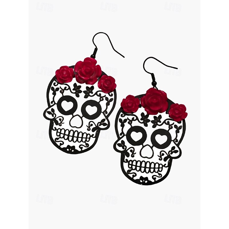 Day of the Dead Skull Earrings with Red Rose Detail – Gothic Halloween Jewelry for Women, Cosplay, and Festivals4
