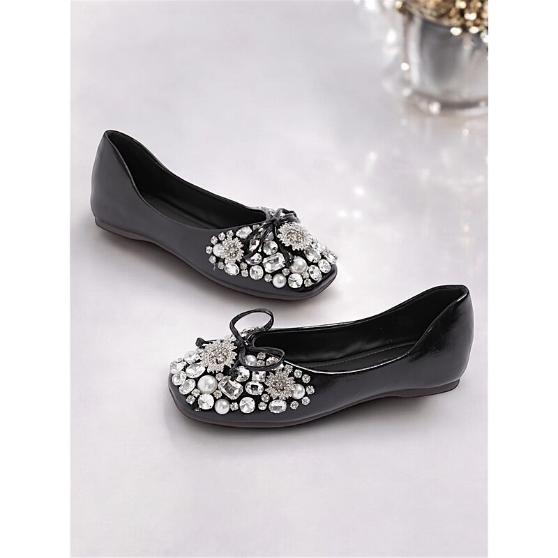 Women's Black Rhinestone and Pearl Embellished Ballet Flats with Bow Detail – Elegant Slip-On Shoes for Weddings and Special Occasions2