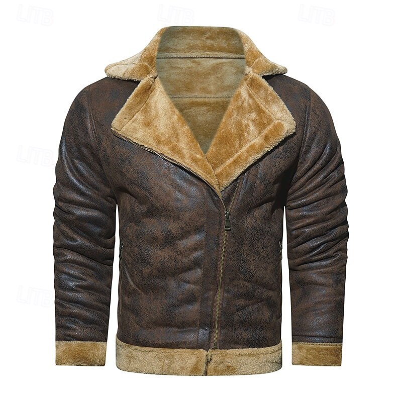 Men's Faux Leather Jacket Fleece Jacket Biker Jacket Vintage Leather Jacket Daily Vacation Windproof Warm Pocket Fall & Winter Plain Fashion Classic Lapel Regular Faux Leather Black Brown Jacket2