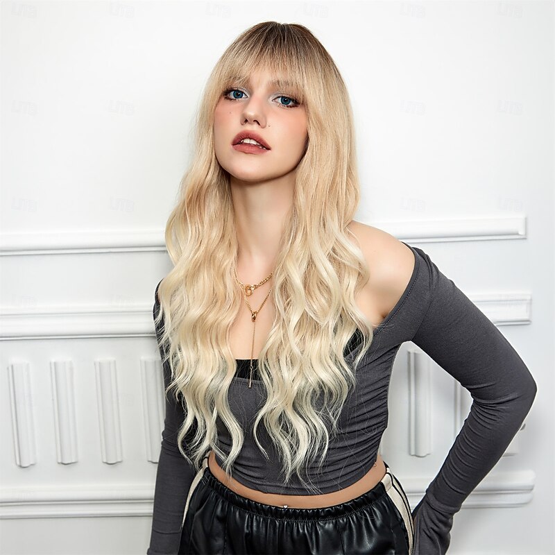 Synthetic Wig Curly Wavy Neat Bang With Bangs Machine Made Wig 26 inch Light Blonde Synthetic Hair Women's Cute Cosplay Party Blonde3