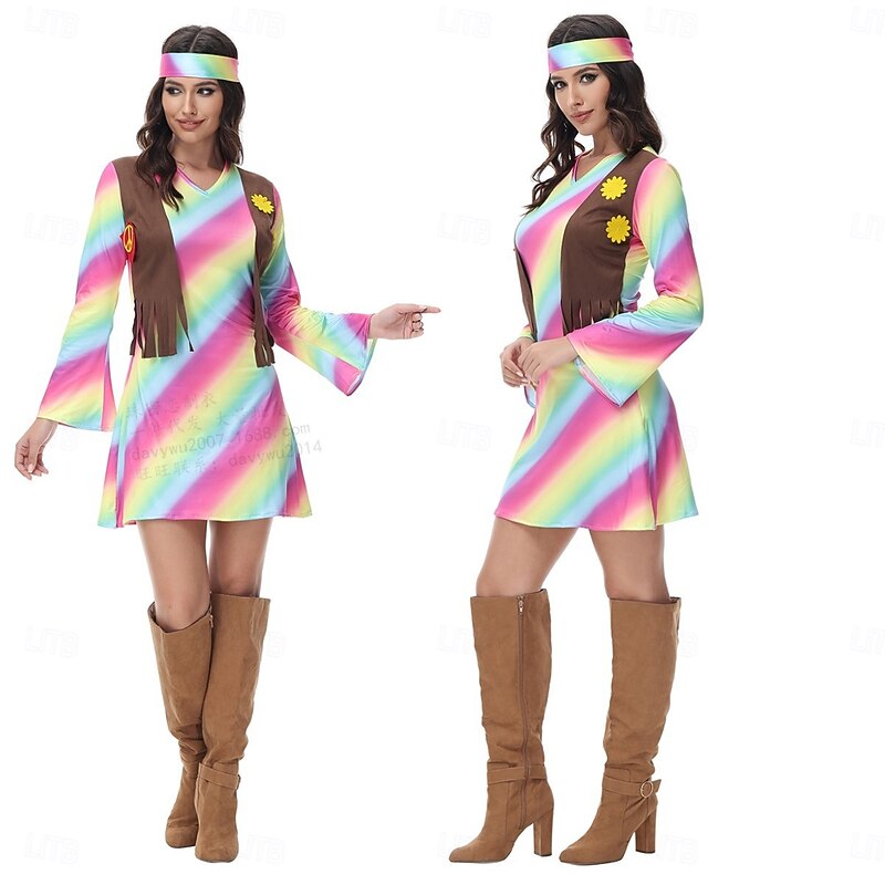 Hippies Halloween Cosplay Costume Halloween Group Couples Costumes Couples Carnival Costume 1970s Disco Adults' Men's Women's Halloween Carnival Masquerade Party Easy Halloween Costumes Dress Up2