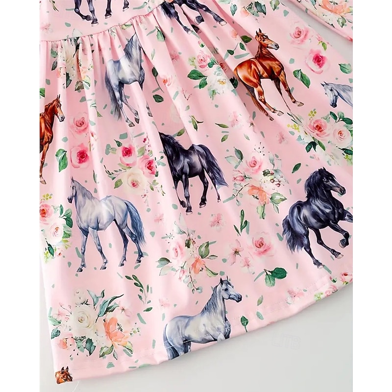 Girls' 3D Graphic Horse Dress Long Sleeve Summer Spring Vacation Daily Holiday Beautiful Sweet Kids 4-12 Years Casual Dress A Line Dress Knee-length Regular Fit3