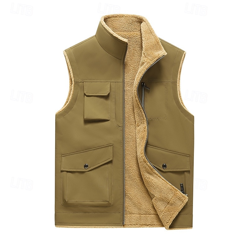 Men's Fleece Vest Vest Gilet Daily Date Vacation Fashion Casual Fall & Winter Pocket Polyester Thermal Warm Comfortable Plain Zipper Stand Collar Regular Fit Black Yellow Khaki Dark Gray Vest