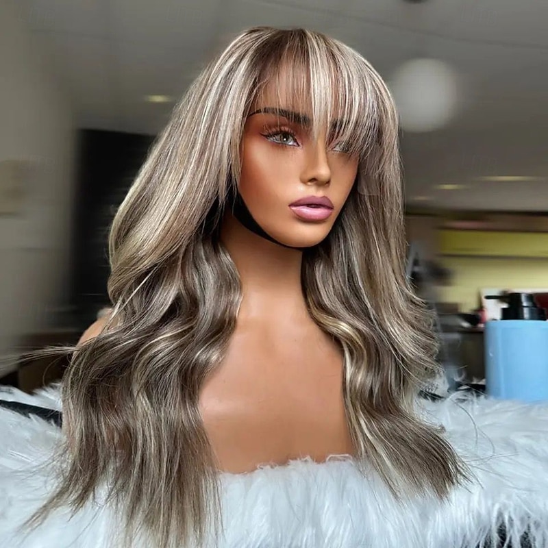 Remy Human Hair 13x4 Lace Front Wig With Bangs Brazilian Hair Wavy Multi-color Wig 130% 150% Density Highlighted / Balayage Hair 100% Virgin Glueless For Women Long Human Hair Lace Wig2