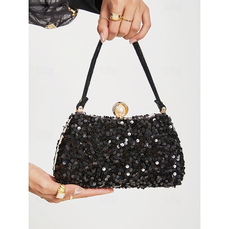 Women's Black Sequin Evening Clutch with Pearl Accent – Glamorous Handbag for Parties, Weddings, and Formal Events