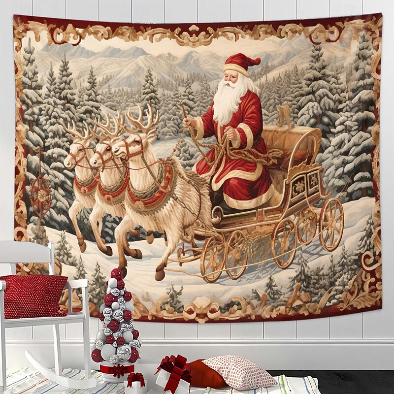 Christmas Decorations Santa Hanging Tapestry Quilting Art Vintage Wall Art Large Tapestry Mural Decor Photograph Backdrop Blanket Curtain Home Bedroom Living Room Decoration3